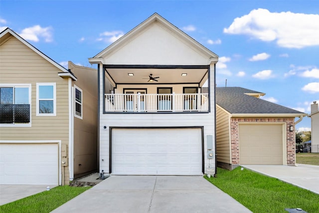 view of front of property with a balcony, concrete driveway, and brick siding