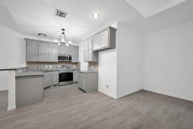 kitchen with hanging light fixtures, appliances with stainless steel finishes, gray cabinets, and tasteful backsplash