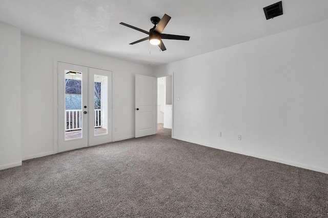 unfurnished bedroom featuring visible vents, a ceiling fan, access to exterior, carpet, and french doors