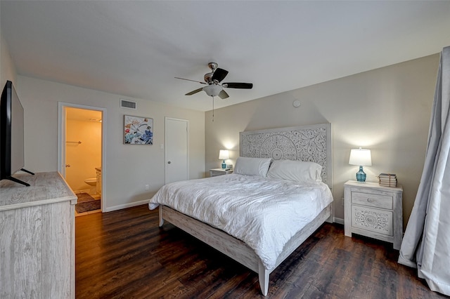 bedroom featuring baseboards, visible vents, connected bathroom, ceiling fan, and dark wood-style flooring