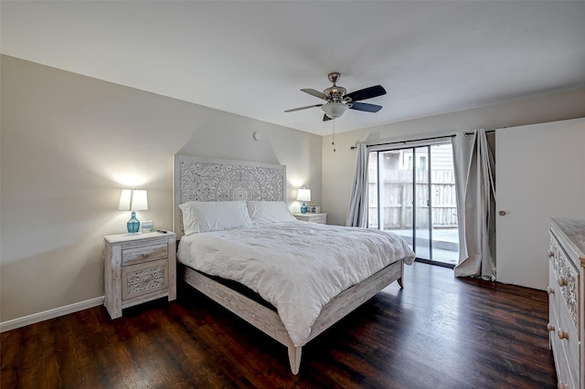 bedroom featuring access to exterior, baseboards, dark wood finished floors, and a ceiling fan