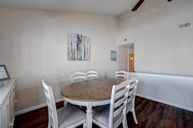 dining room featuring dark wood-type flooring, a ceiling fan, visible vents, and baseboards