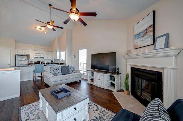 living area with dark wood-style floors, high vaulted ceiling, and a premium fireplace