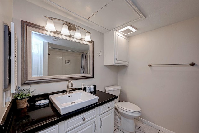 full bathroom featuring curtained shower, visible vents, toilet, vanity, and tile patterned floors