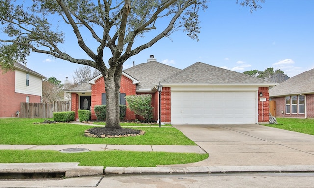 view of front facade with brick siding, a front yard, fence, a garage, and driveway