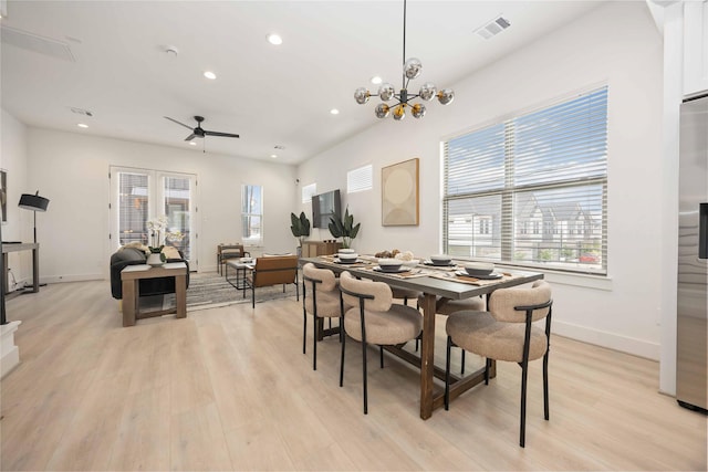 1909 Johanna Dr, Houston, TX 77055 - dining room featuring recessed lighting, light wood-style flooring, baseboards, a chandelier, and a ceiling fan
