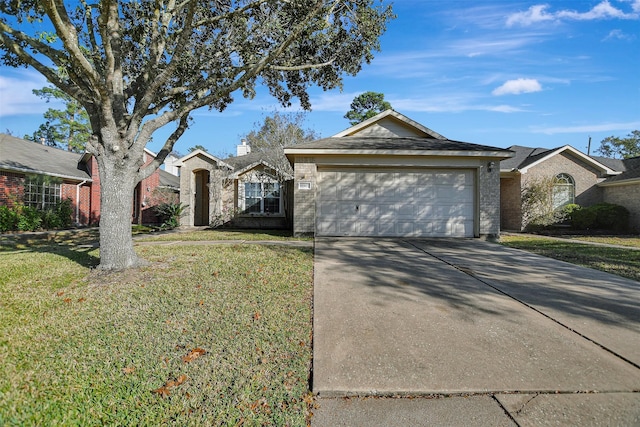 ranch-style house with concrete driveway, brick siding, an attached garage, and a front yard