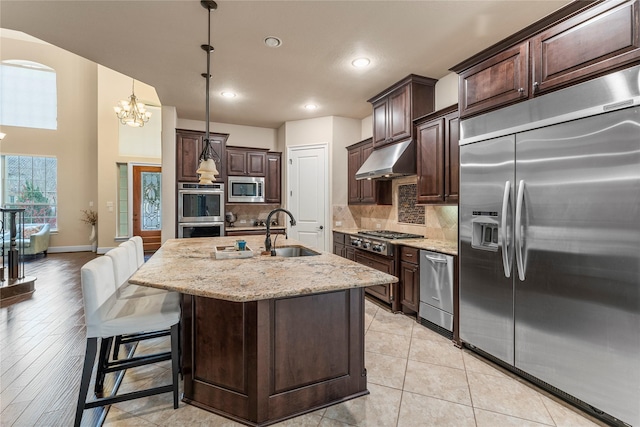 kitchen featuring a center island with sink, built in appliances, under cabinet range hood, pendant lighting, and a sink