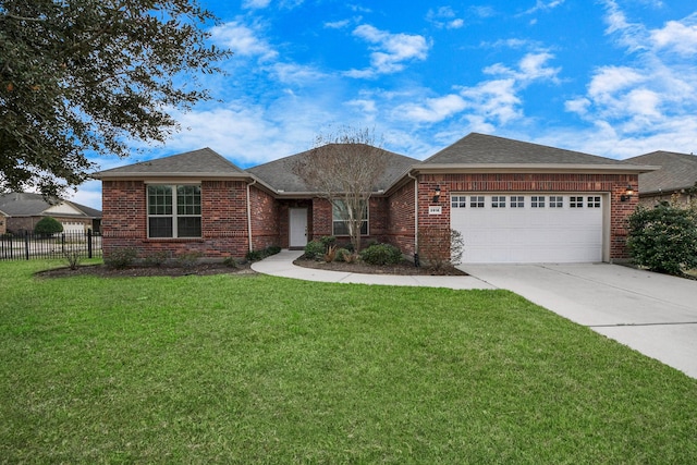 ranch-style house with a garage, driveway, a front lawn, and fence