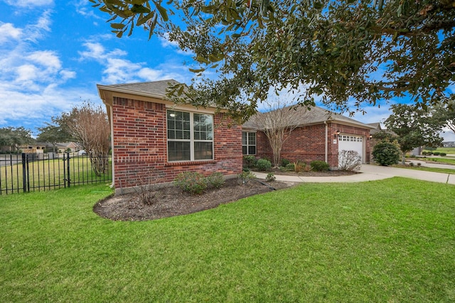 ranch-style home featuring an attached garage, brick siding, fence, and a front yard