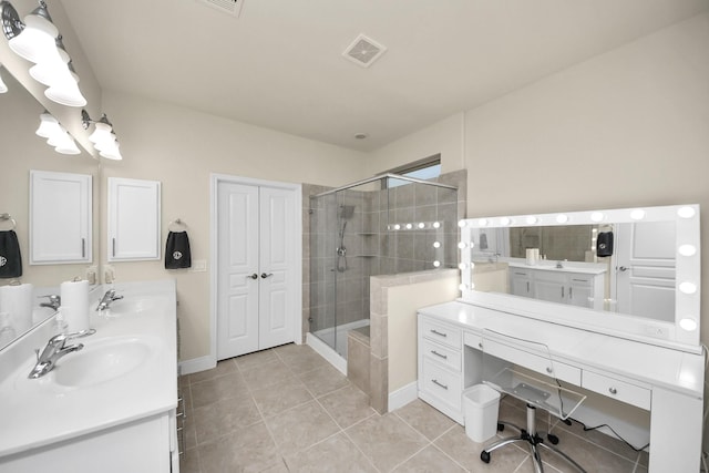 full bath with visible vents, a sink, a shower stall, and double vanity