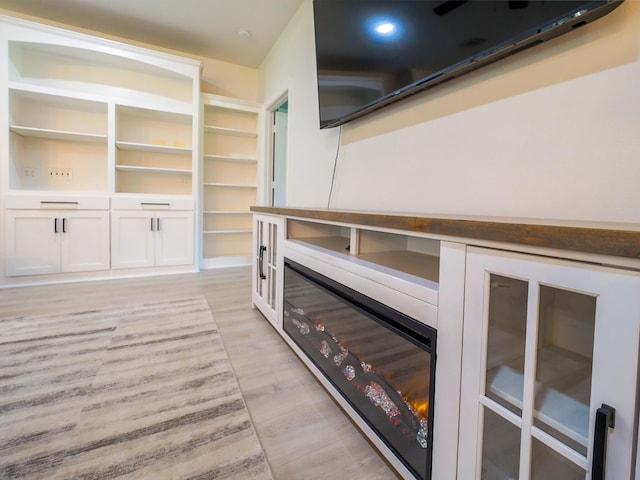 room details featuring a glass covered fireplace and wood finished floors