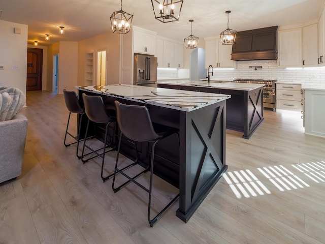 kitchen with a kitchen island with sink, a sink, appliances with stainless steel finishes, light wood-type flooring, and decorative backsplash