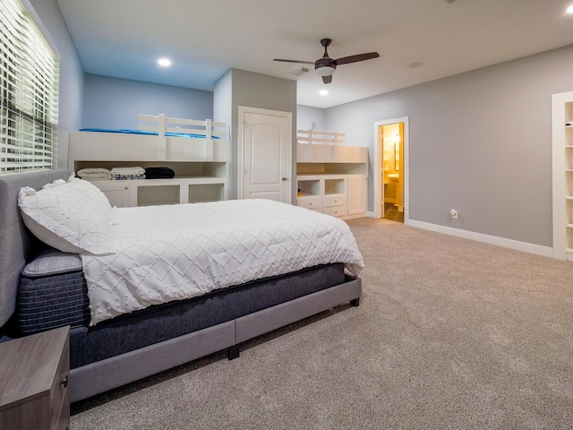 carpeted bedroom featuring connected bathroom, baseboards, a ceiling fan, and recessed lighting