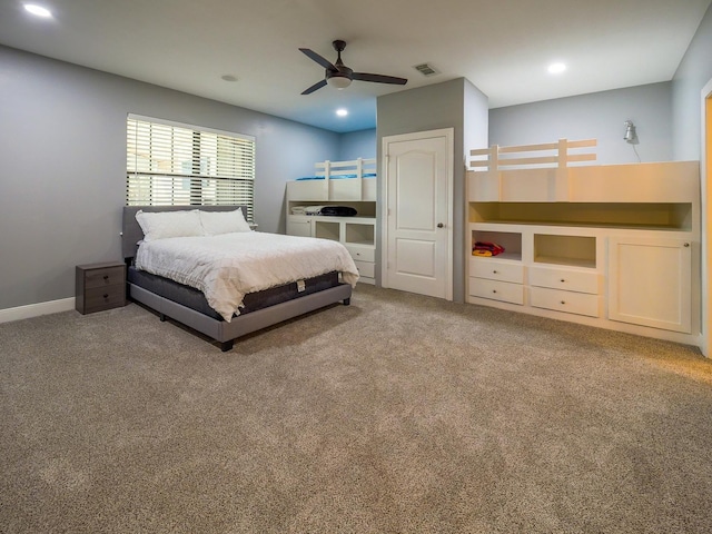 bedroom featuring recessed lighting, carpet flooring, visible vents, and baseboards