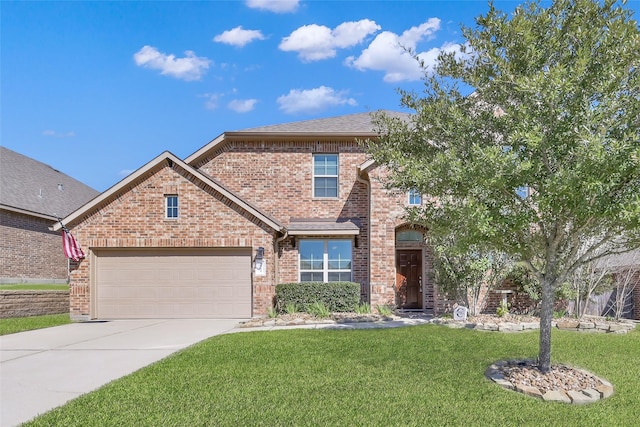 view of front of home featuring driveway, brick siding, a front lawn, and an attached garage