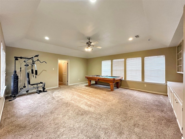 recreation room featuring recessed lighting, light carpet, ceiling fan, and baseboards