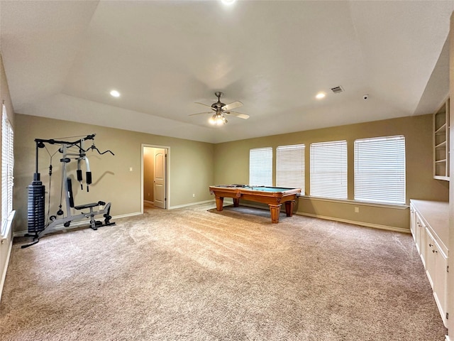 17439 Fairway Oaks Dr, Spring, TX 77379 - rec room featuring baseboards, billiards, light colored carpet, a ceiling fan, and recessed lighting