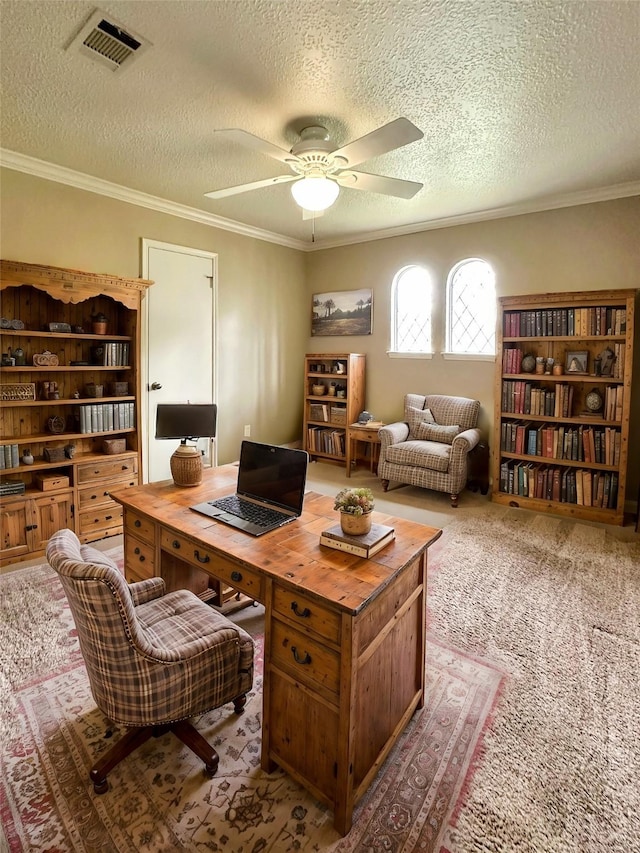 17439 Fairway Oaks Dr, Spring, TX 77379 - office space with a textured ceiling, a ceiling fan, ornamental molding, and carpet floors