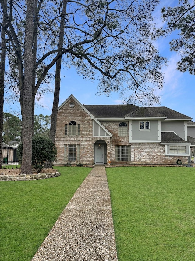 17439 Fairway Oaks Dr, Spring, TX 77379 - view of front of house with a front yard, a shingled roof, stucco siding, and brick siding