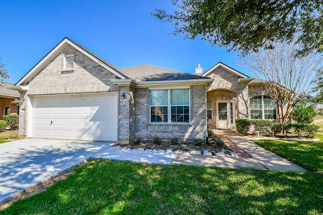 ranch-style home featuring brick siding, a chimney, a garage, driveway, and a front lawn