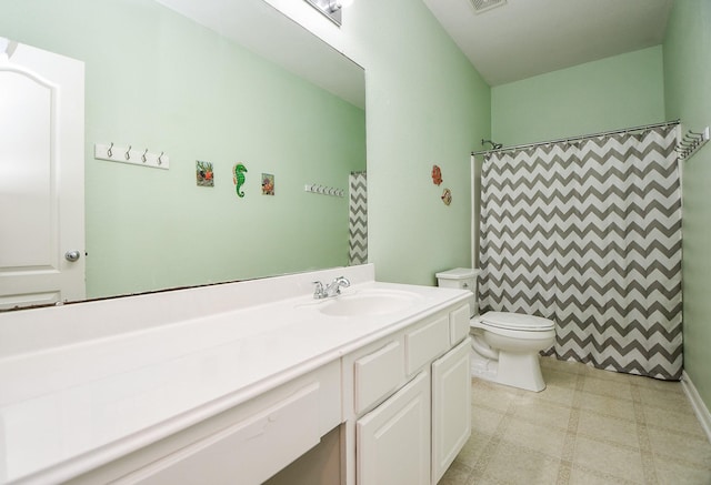 full bathroom featuring visible vents, toilet, a shower with curtain, tile patterned floors, and vanity