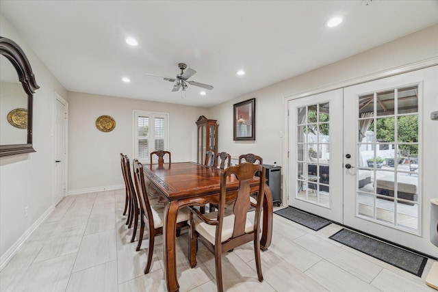 dining space with baseboards, ceiling fan, french doors, and recessed lighting