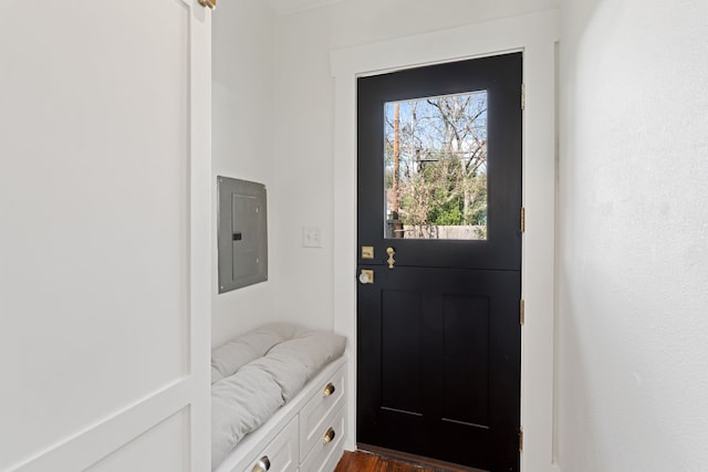 doorway to outside featuring dark wood-type flooring and electric panel