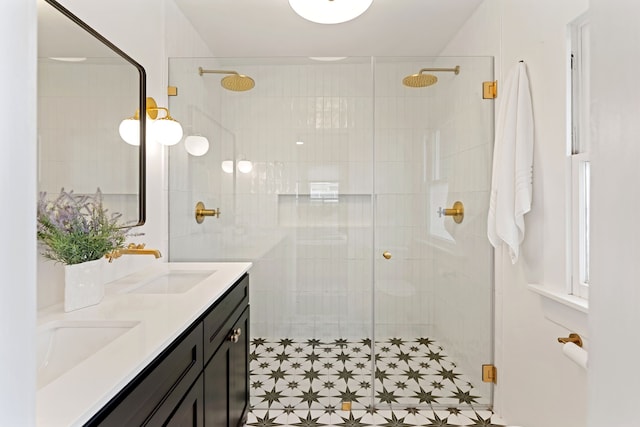 bathroom with double vanity, a stall shower, and a sink