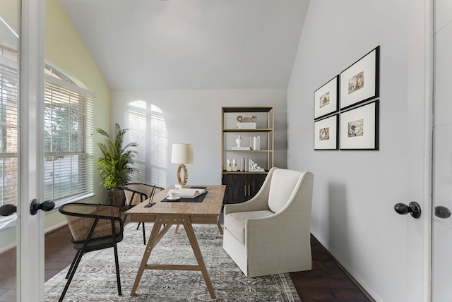 office area with lofted ceiling, baseboards, dark wood finished floors, and french doors