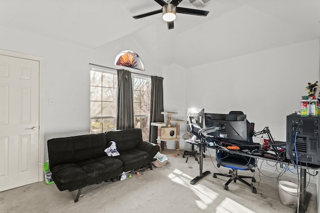 office area with lofted ceiling and ceiling fan