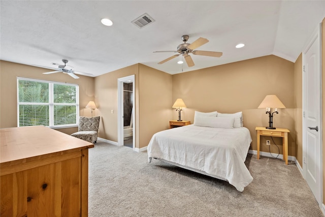 bedroom with recessed lighting, visible vents, baseboards, vaulted ceiling, and carpet