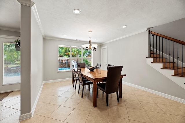 dining room with stairs, crown molding, baseboards, and light tile patterned floors