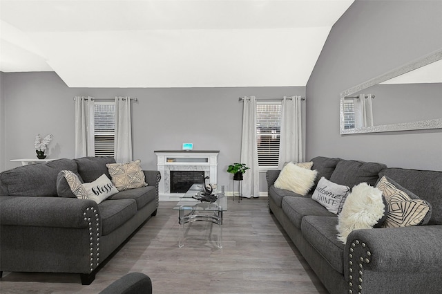 living room featuring lofted ceiling, baseboards, a premium fireplace, and wood finished floors