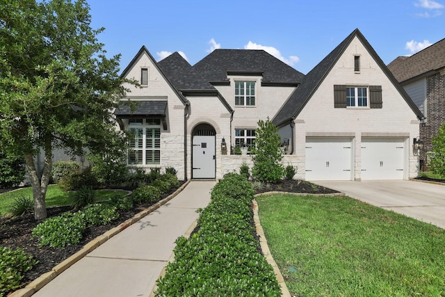 view of front of property with brick siding, concrete driveway, roof with shingles, an attached garage, and a front yard