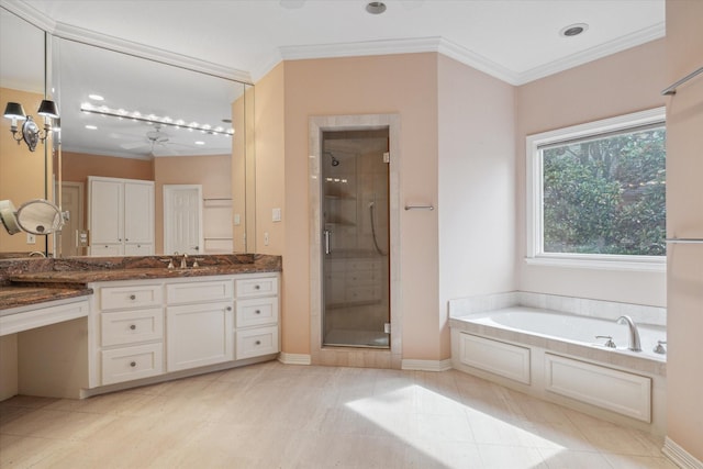 full bath featuring ornamental molding, tile patterned floors, a garden tub, vanity, and a shower stall