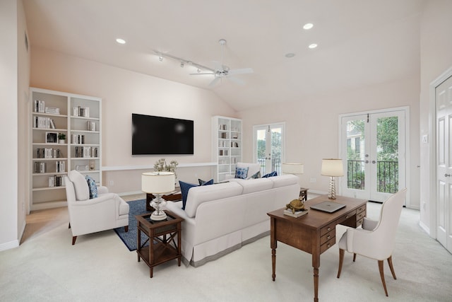 living room featuring lofted ceiling, french doors, baseboards, and recessed lighting