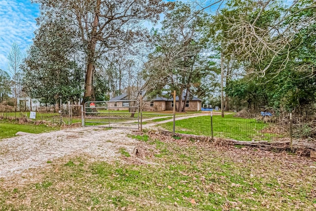 view of yard with dirt driveway and a gate