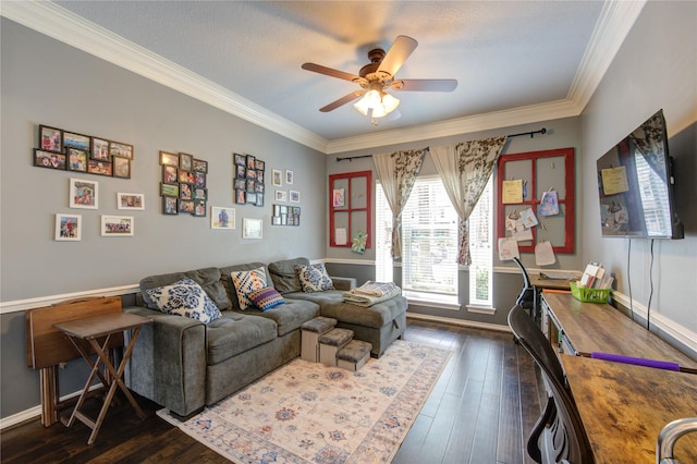 living area with baseboards, ornamental molding, and dark wood finished floors