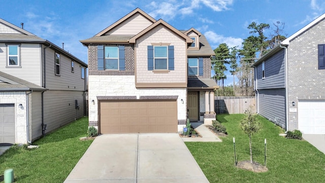 craftsman-style house featuring stone siding, fence, a front lawn, and concrete driveway