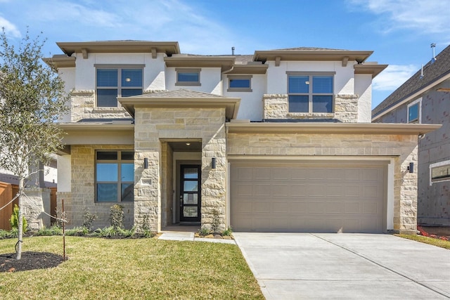 prairie-style house featuring stucco siding, driveway, a front lawn, and a garage