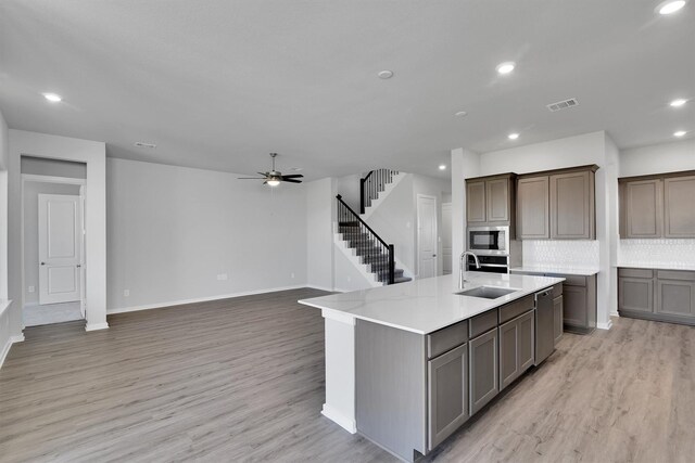 2920 Apple Rose, Katy, TX 77493 - kitchen with visible vents, a sink, stainless steel appliances, tasteful backsplash, and light wood-type flooring