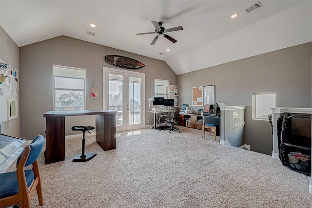 office area with vaulted ceiling, carpet floors, french doors, and visible vents