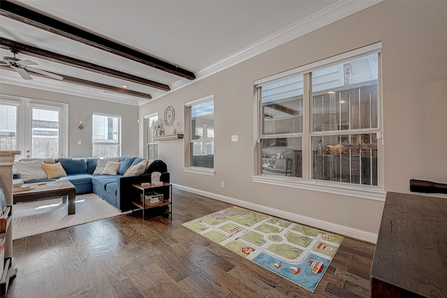 living area with dark wood-type flooring, beam ceiling, ornamental molding, and baseboards