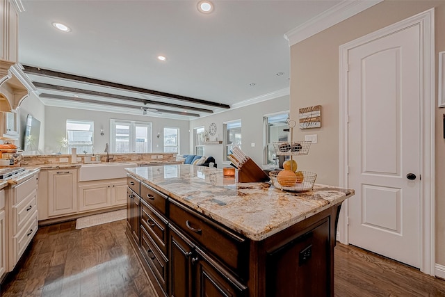 kitchen with a kitchen island, light stone counters, dark wood-style flooring, dark brown cabinets, and a sink