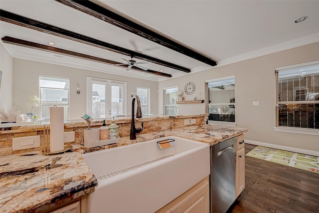 kitchen featuring dishwasher, dark wood-type flooring, beamed ceiling, crown molding, and a sink