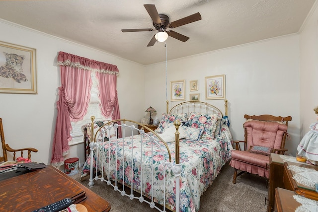 bedroom with a ceiling fan, ornamental molding, dark colored carpet, and a textured ceiling