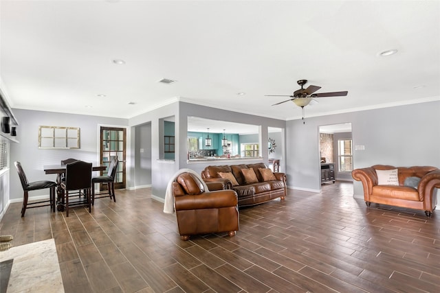 128 Legend Ln, Livingston, TX 77351 - living room with baseboards, a ceiling fan, dark wood finished floors, and visible vents