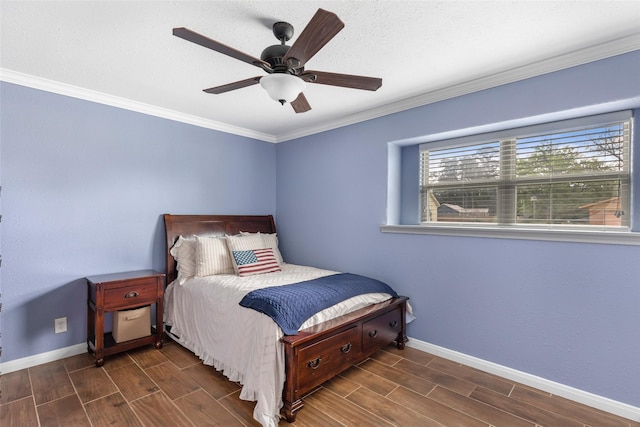 128 Legend Ln, Livingston, TX 77351 - bedroom featuring baseboards, ornamental molding, a ceiling fan, and wood finish floors