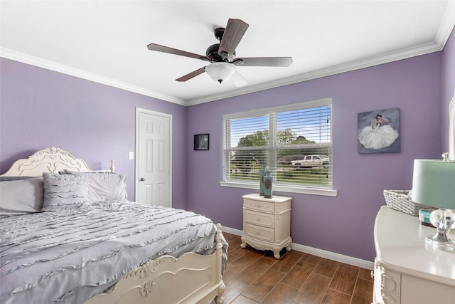 128 Legend Ln, Livingston, TX 77351 - bedroom featuring crown molding, baseboards, a ceiling fan, and wood finish floors